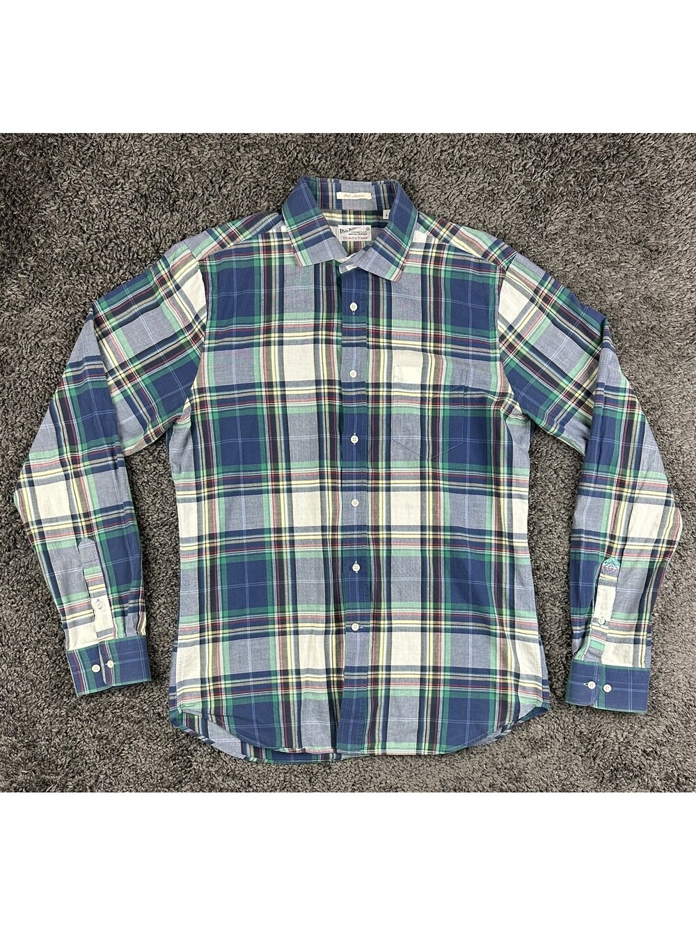 Gant Rugger Men's Large L Plaid Fall Madras Long Sleeve Shirt Blue Green